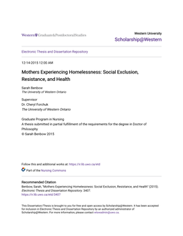 Mothers Experiencing Homelessness: Social Exclusion, Resistance, and Health