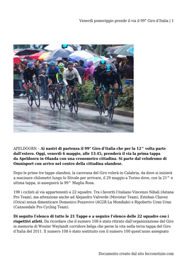 Venerdì Pomeriggio Prende Il Via Il 99° Giro D&#8217;Italia