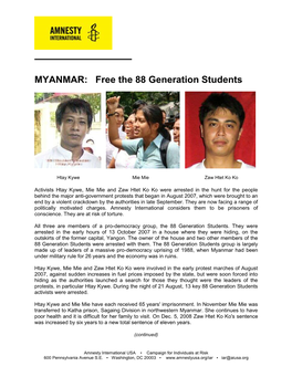 MYANMAR: Free the 88 Generation Students