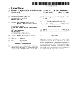 (12) Patent Application Publication (10) Pub. No.: US 2003/0232890 A1 Epstein Et Al