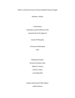 Burmese Buddhist Political Thought Matthew J. Walton a Dissertation