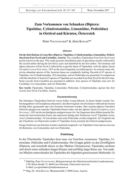 Zum Vorkommen Von Schnaken (Di­Ptera: Tipulidae, Cylindrotomidae, Limoniidae, Pediciidae) in Osttirol Und Kärnten, Österreich