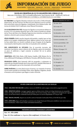 ÁGUILAS CIBAEÑAS (0-2) VS GIGANTES DEL CIBAO (2-0) Miércoles 13 De Enero, 2021 En Estadio Julián Javier, San Francisco De M