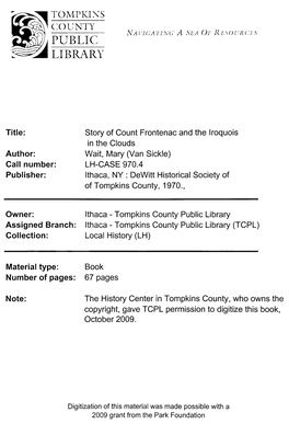 Tompkins County Public Library Assigned Branch: Ithaca - Tompkins County Public Library (TCPL) Collection: Local History (LH)