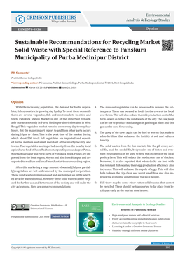 Sustainable Recommendations for Recycling Market Solid Waste with Special Reference to Panskura Municipality of Purba Medinipur District