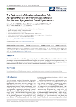 The First Record of the Pharaoh Cardinal Fish, Apogonichthyoides