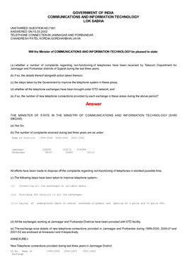 Answered On:15.05.2002 Telephone Connection in Jamnagar and Porbandar Chandresh Patel Kordia;Gordhanbhai Javia