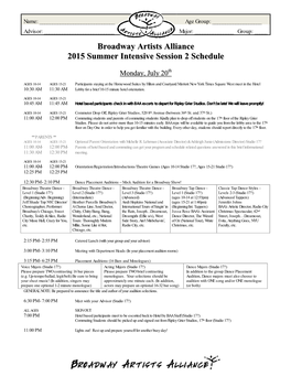 Broadway Artists Alliance 2015 Summer Intensive Session 2 Schedule