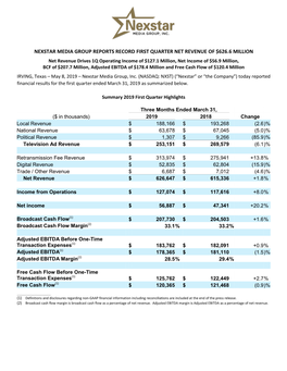 Nexstar Media Group Reports Record First Quarter Net Revenue of $626.6 Million