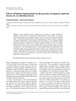 Effects of Habitat Fragmentation on the Presence of Japanese Squirrels, Sciurus Lis, in Suburban Forests