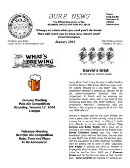 BURP NEWS the Latest in E R D B the Official Newsletter of the Official BREWERS UNITED for REAL POTABLES Information