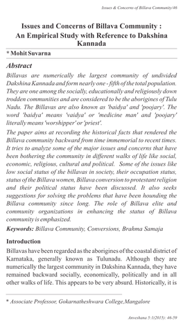 Issues and Concerns of Billava Community : an Empirical Study with Reference to Dakshina Kannada Abstract