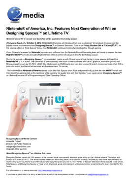 Nintendo® of America, Inc. Features Next Generation of Wii on Designing Spaces™ on Lifetime TV
