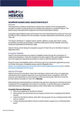 Warrior Games 2020: Selection Policy