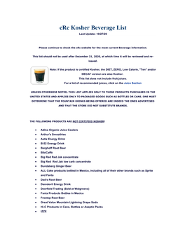 Crc Kosher Beverage List Last Update: 10/27/20