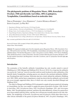 The Phylogenetic Positions of Bhagadatta Moore, 1898, Kumothales Overlaet, 1940 and Harmilla Aurivillius, 1892 (Lepidoptera