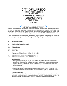 CITY COUNCIL MEETING A-2009-R-06 CITY COUNCIL CHAMBERS 1110 HOUSTON STREET LAREDO, TEXAS 78040 April 6, 2009 5:30 P.M