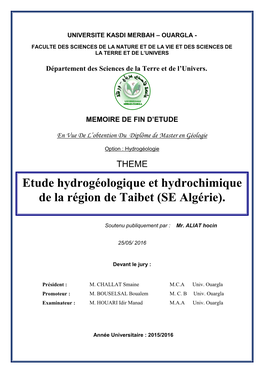 Etude Hydrogéologique Et Hydrochimique De La Région De Taibet (SE Algérie)