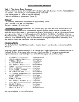 Historic Downtown Wallingford Walk #1 the Center Street Cemetery Start Your Walk at Center Street and North/South Colony Rd. (R