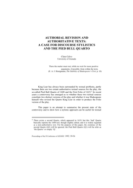 Authorial Revision and Authoritative Texts: a Case for Discourse Stylistics and the Pied Bull Quarto