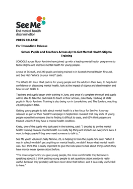 PRESS RELEASE for Immediate Release School Pupils And