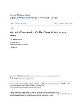 Mechanical Transmission of a Plant Tumor Virus to an Insect Vector