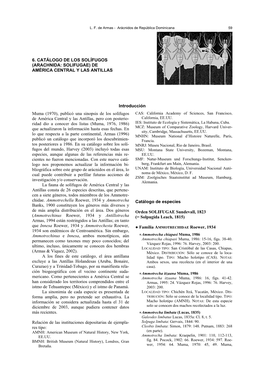 6. Catálogo De Los Solífugos (Arachnida: Solifugae) De América Central Y Las Antillas
