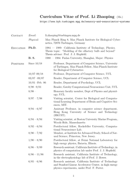 Curriculum Vitae of Prof. Li Zhaoping (Ms.)