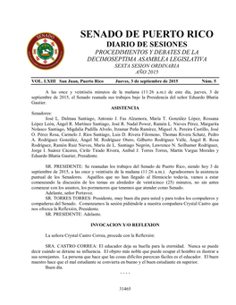 Senado De Puerto Rico Diario De Sesiones Procedimientos Y Debates De La Decimoseptima Asamblea Legislativa Sexta Sesion Ordinaria Año 2015 Vol