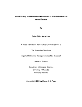 A Water Quality Assessment of Lake Manitoba, a Large Shallow Lake in Central Canada