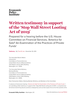 Stop Wall Street Looting Act of 2019’ Prepared for a Hearing Before the U.S