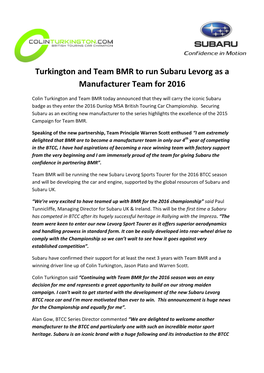 Turkington and Team BMR to Run Subaru Levorg As a Manufacturer Team for 2016