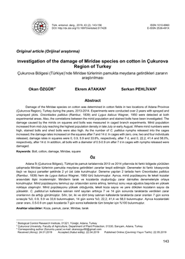 Investigation of the Damage of Miridae Species on Cotton in Çukurova