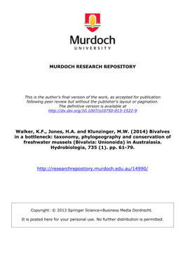 Bivalves in a Bottleneck: Taxonomy, Phylogeography and Conservation of Freshwater Mussels (Bivalvia: Unionoida) in Australasia