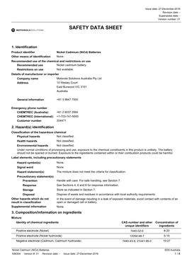 Nickel Cadmium (Nicd) Batteries Other Means of Identification None