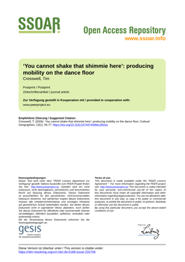 Producing Mobility on the Dance Floor Cresswell, Tim