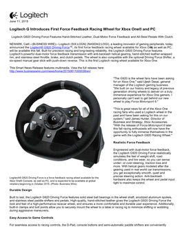 Logitech G Introduces First Force Feedback Racing Wheel for Xbox One® and PC