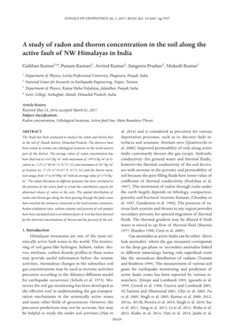 A Study of Radon and Thoron Concentration in the Soil Along the Active Fault of NW Himalayas in India
