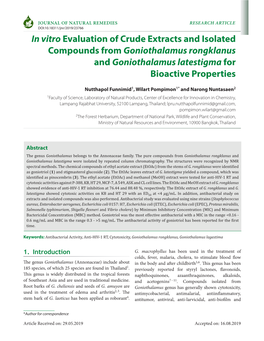 In Vitro Evaluation of Crude Extracts and Isolated Compounds from Goniothalamus Rongklanus and Goniothalamus Latestigma for Bioactive Properties