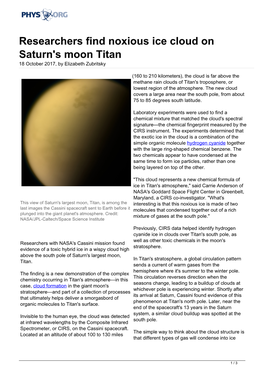 Researchers Find Noxious Ice Cloud on Saturn's Moon Titan 18 October 2017, by Elizabeth Zubritsky
