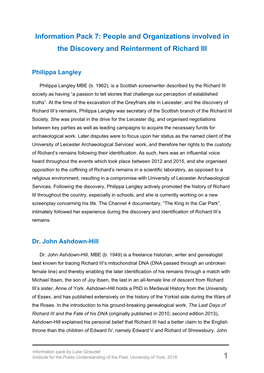 Information Pack 7: People and Organizations Involved in the Discovery and Reinterment of Richard III