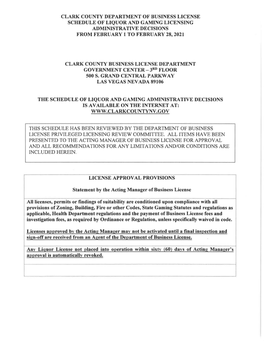 Clark County Department of Business License Schedule of Liquor and Gaming Licensing Administrative Decisions from February 1 to February 28, 2021