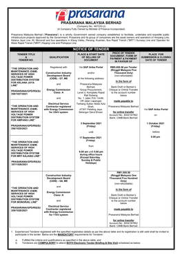 Prasarana Malaysia Berhad Notice of Tender