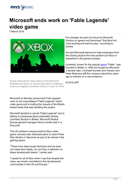 Microsoft Ends Work on 'Fable Legends' Video Game 7 March 2016