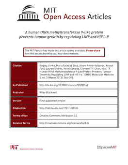 A Human Trna Methyltransferase 9Like Protein Prevents Tumour