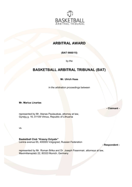 Arbitral Award Basketball Arbitral Tribunal (Bat)