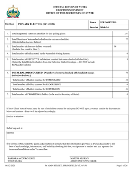 Official Return of Votes Elections Division Office of the Secretary of State