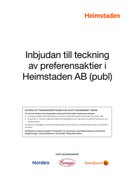 Inbjudan Till Teckning Av Preferensaktier I Heimstaden AB (Publ)