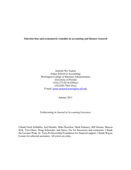 Selection Bias and Econometric Remedies in Accounting and Finance Research Jennifer Wu Tucker Fisher School of Accounting Warrin