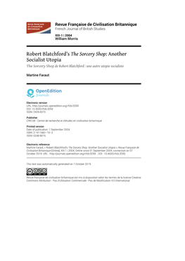 Revue Française De Civilisation Britannique, XIII-1 | 2004 Robert Blatchford’S the Sorcery Shop: Another Socialist Utopia 2